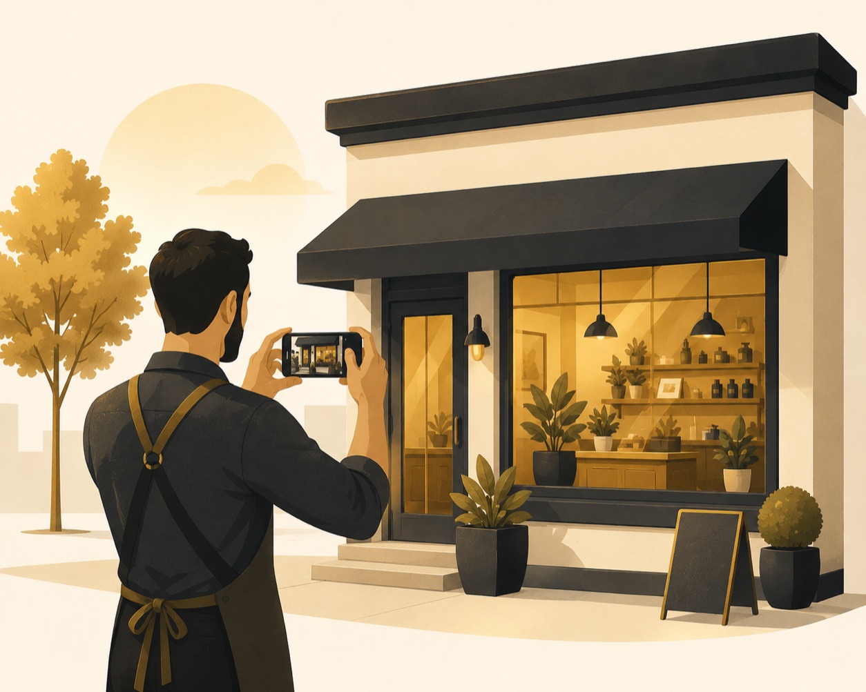 Business owner taking authentic photos of their storefront for their Google Business Profile