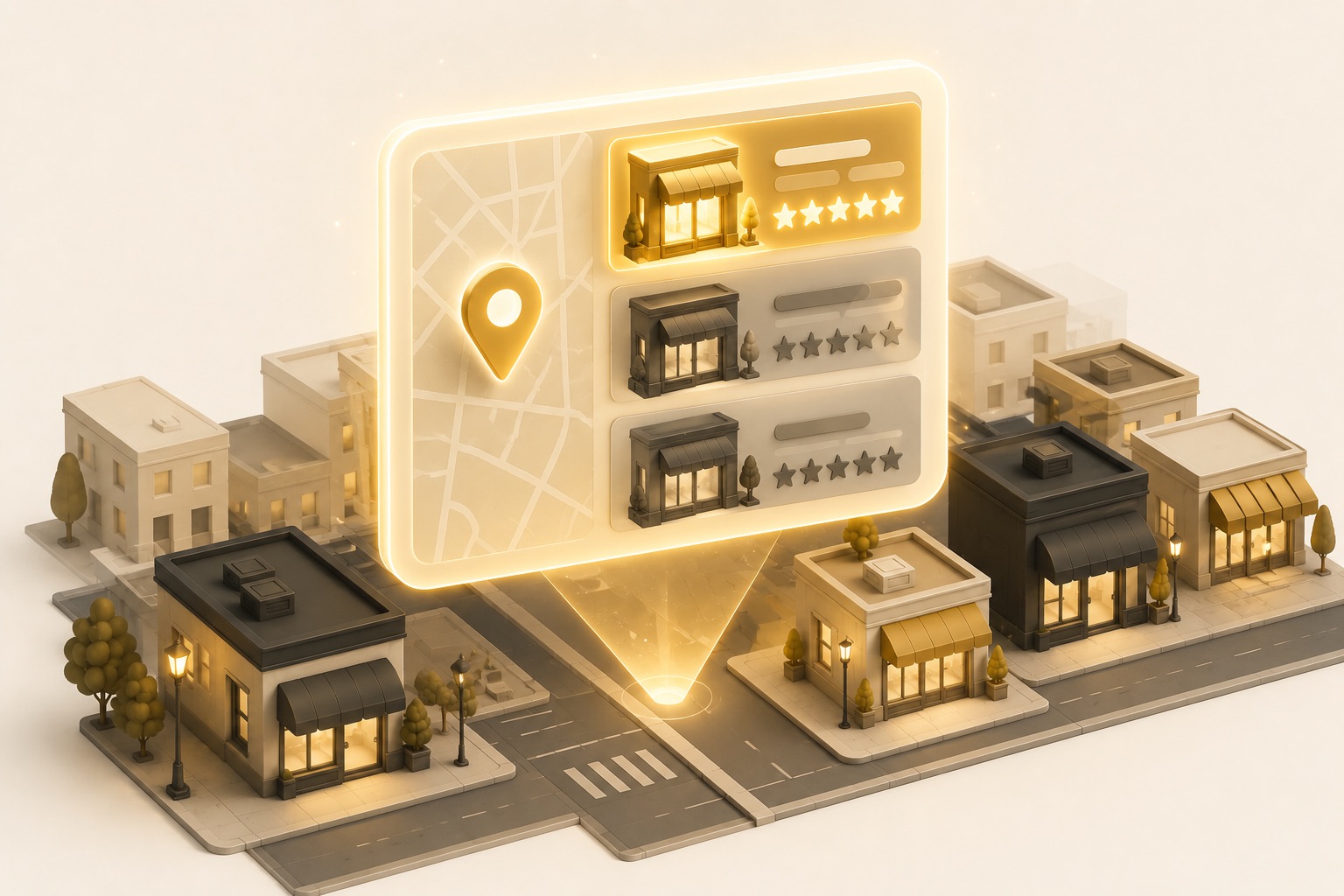 Map pack results panel showing three local business slots with the top spot highlighted
