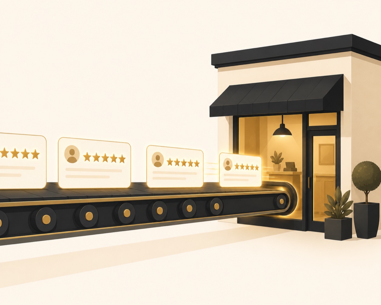 Illustration of an automated review engine turning happy customers into Google reviews