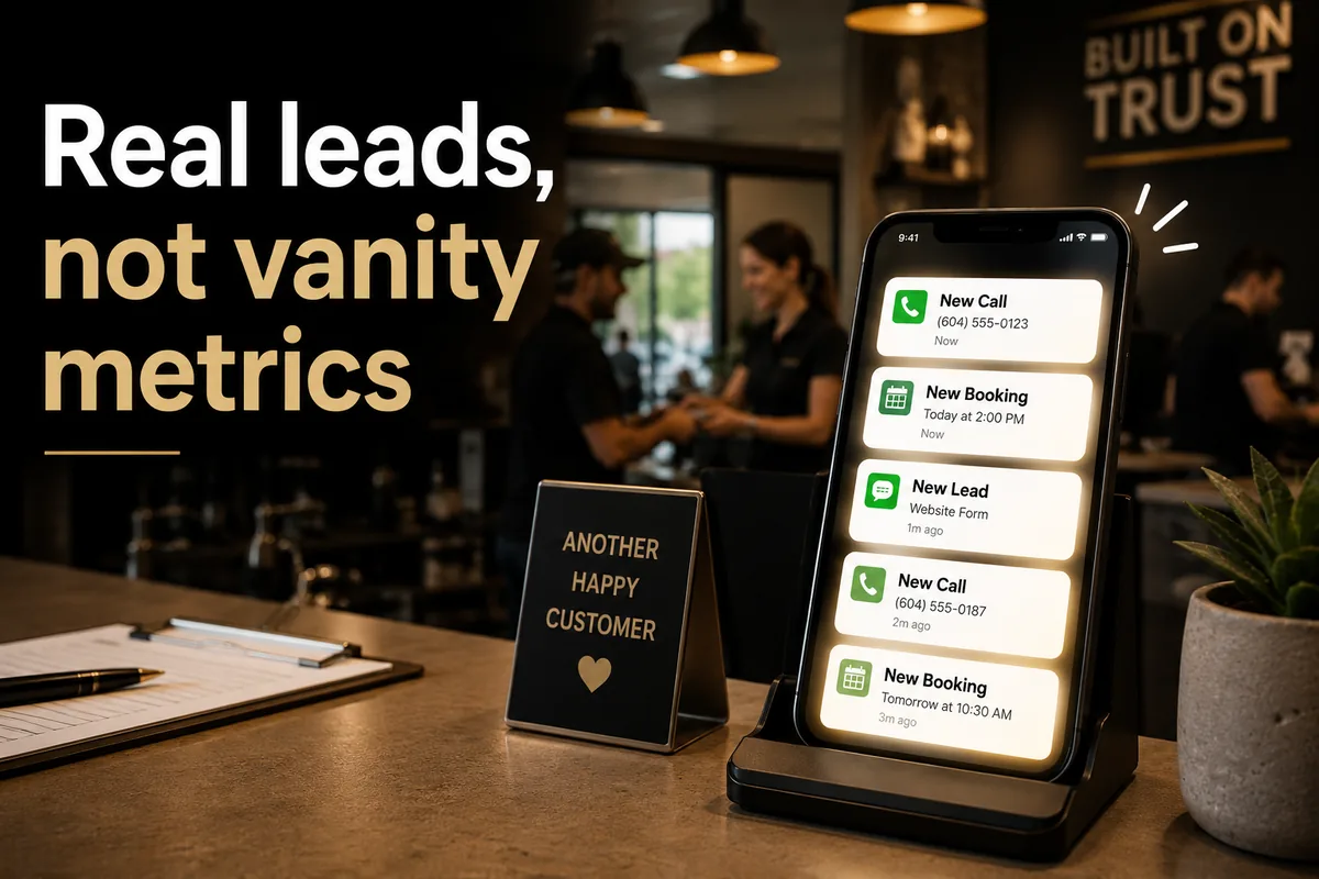 Real leads, not vanity metrics — a phone filling with new call and booking notifications